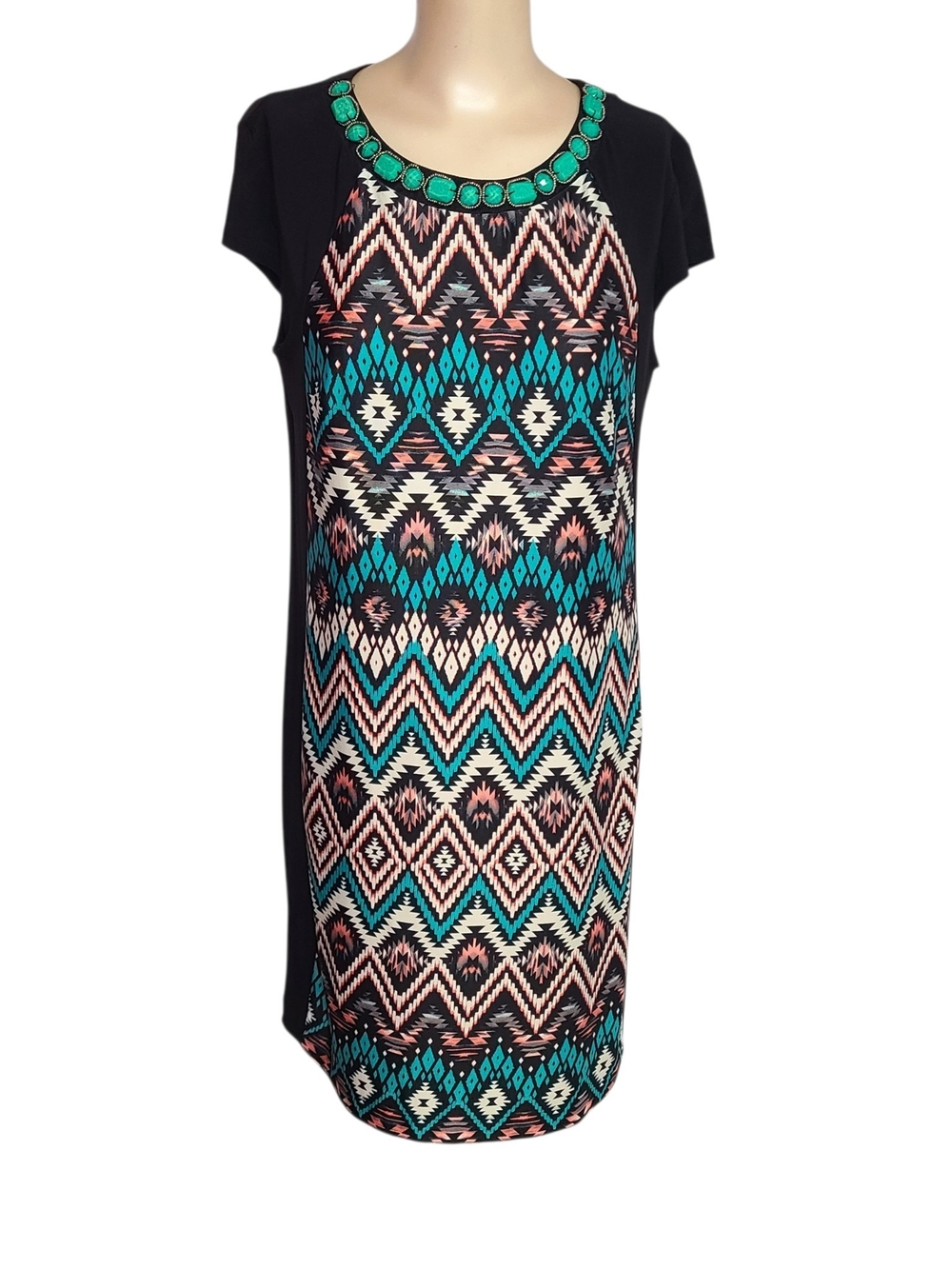 ​Madison Leigh Beaded Gemstone Neck Aztec Shift Dress Sz 12 Black